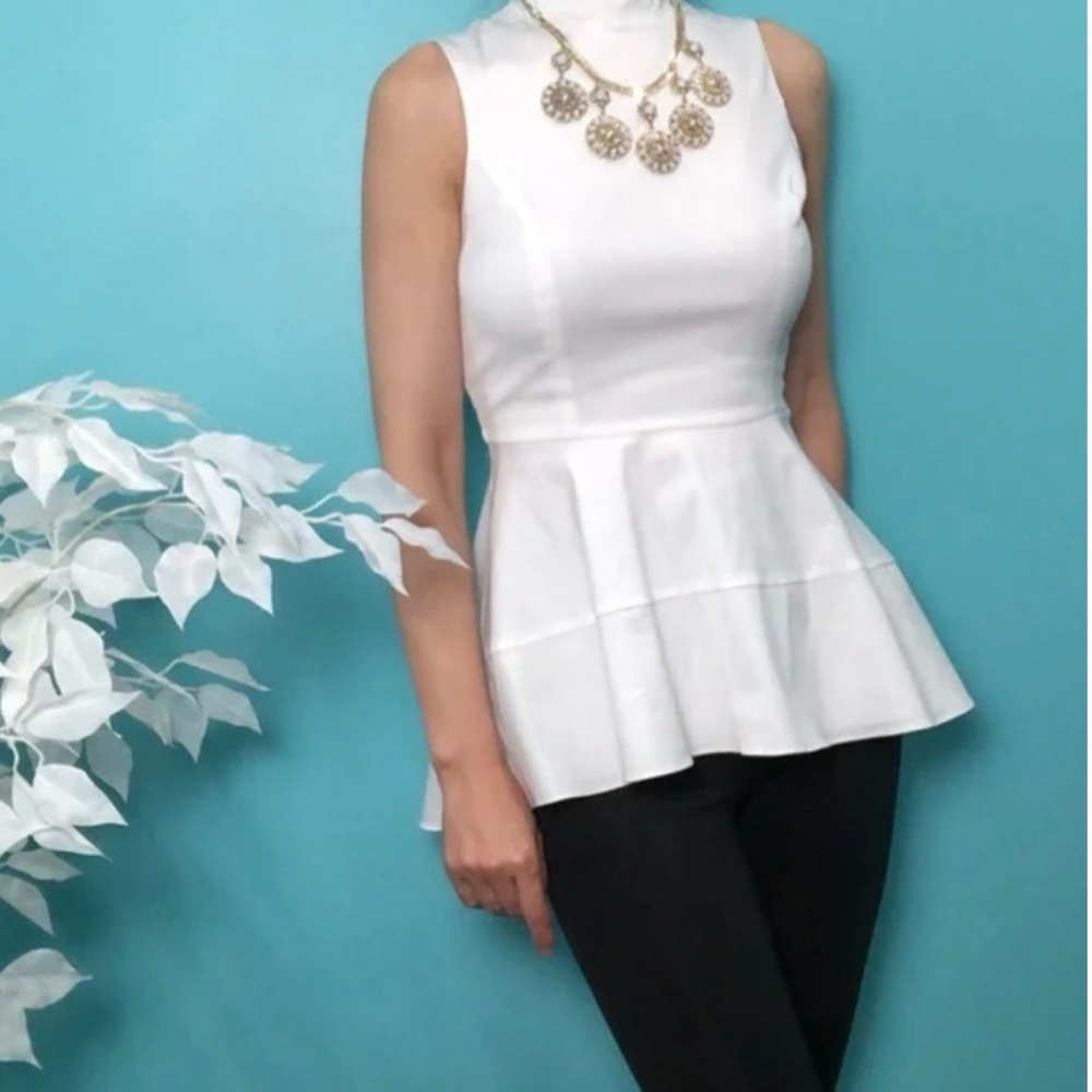 NWT White House Black Market White Poplin Peplum Zippered Blouse